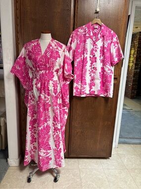 Pink & White Hawaiian Maxi Dress with Mens Matching Shirt. Honeymoon Set.
